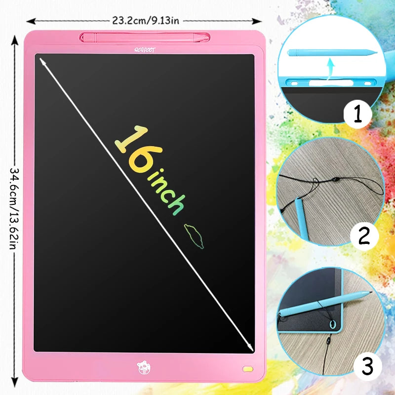 Pink LCD writing tablet showing a diagonal line and three diagrams illustrating its features