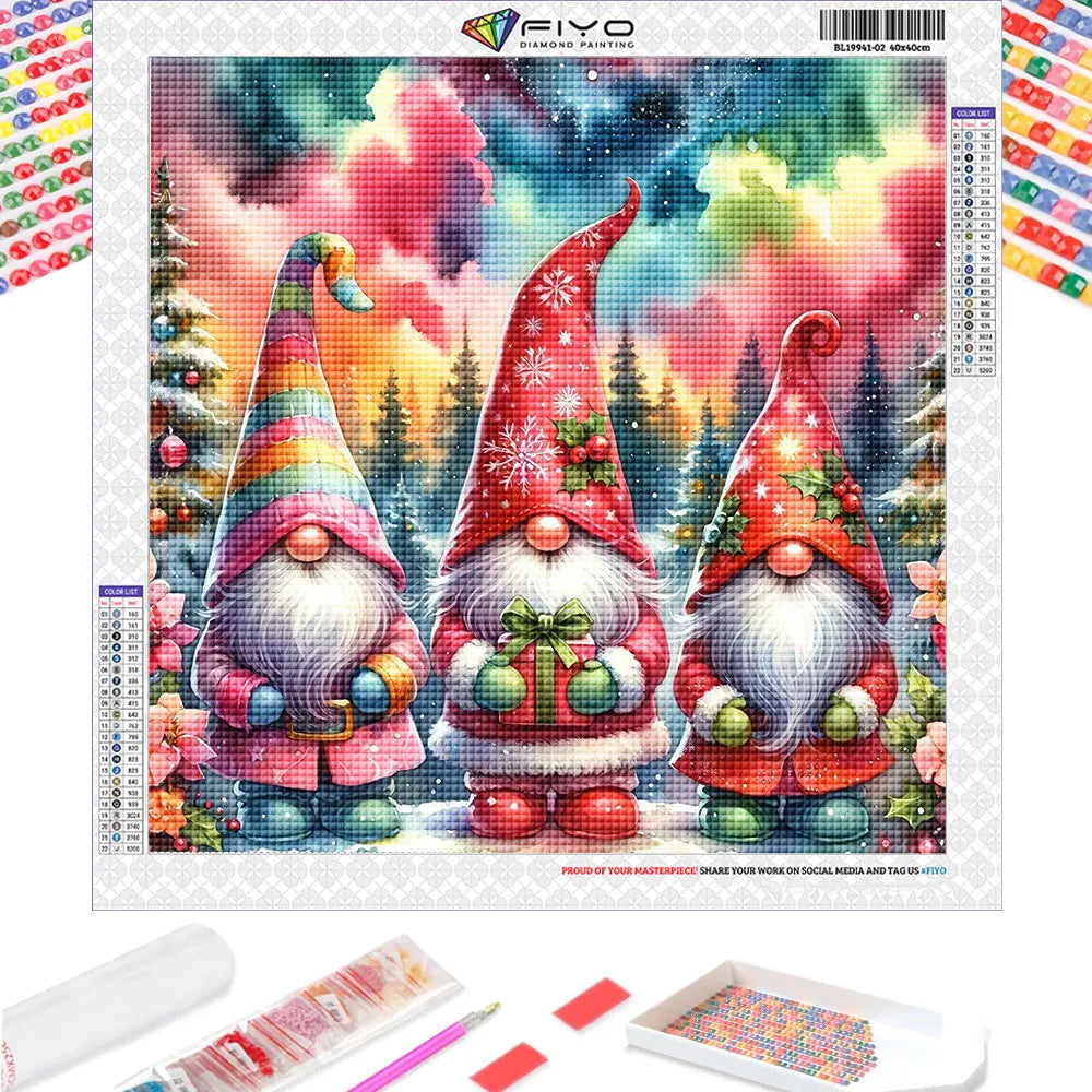 Kit de peinture de diamants avec trois figurines de gnomes de Noël dans un paysage hivernal festif