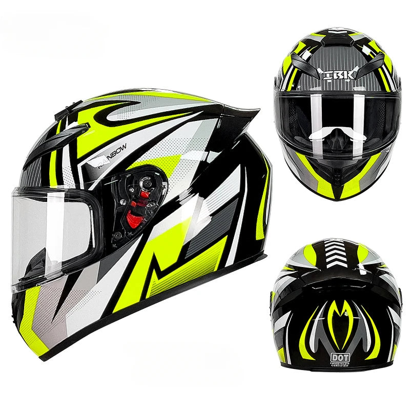 A black and neon yellow retro full face motorcycle helmet shown from multiple angles.