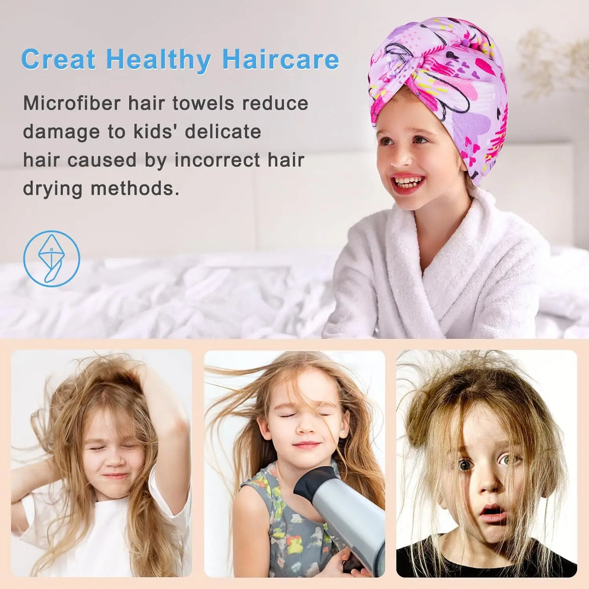 A young girl smiling while wrapped in a purple and pink microfiber hair towel, with other images showing hair drying methods.