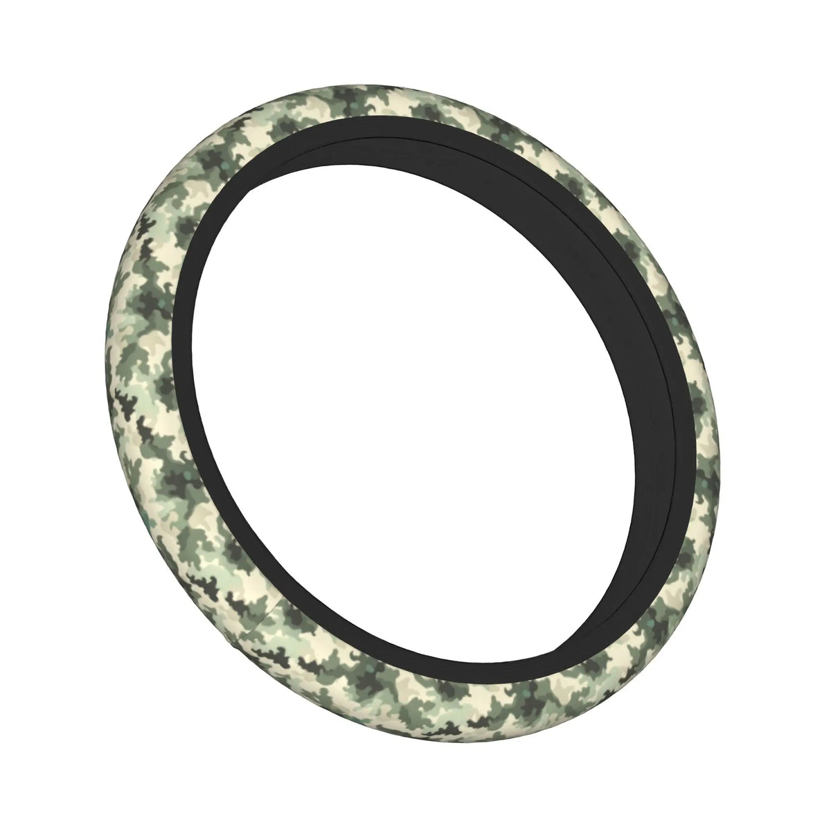 A black steering wheel cover with a camouflage pattern.