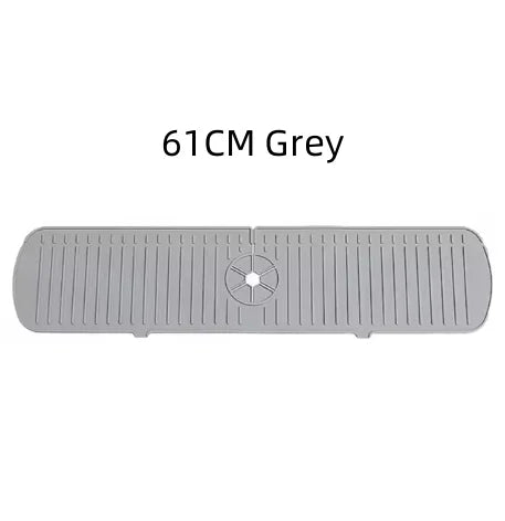 A grey silicone faucet drain mat designed for countertop protection.