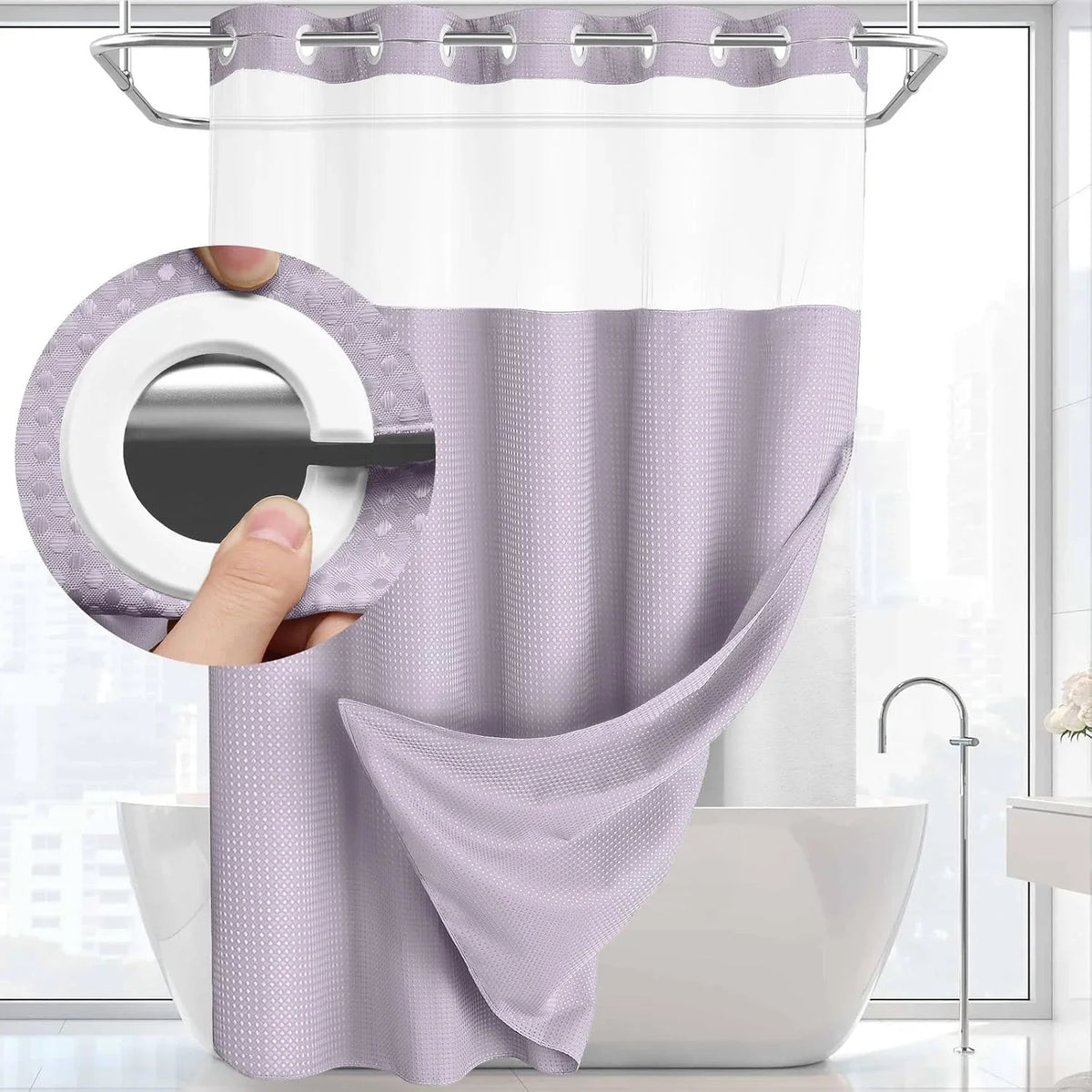 Double-Layer Waffle Shower Curtain with Built-in Snap Liner