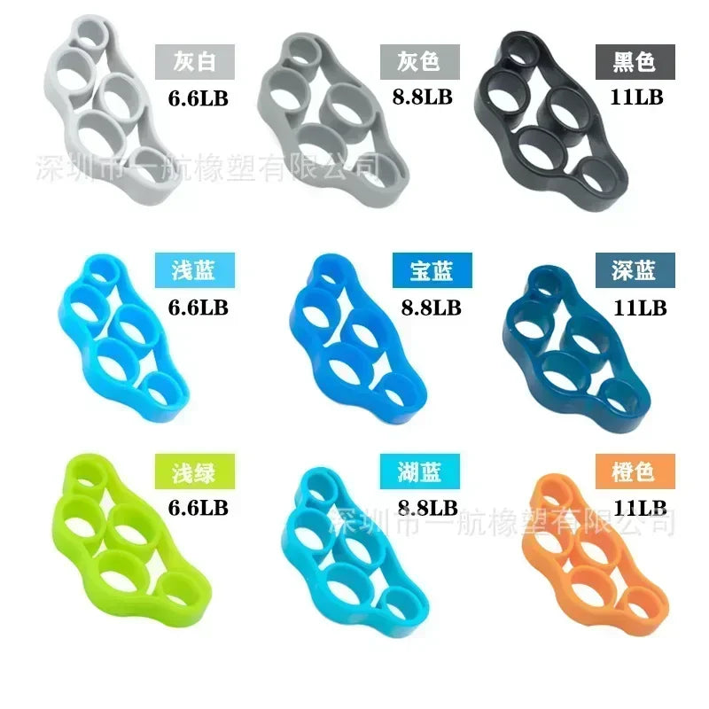 A set of adjustable finger strengtheners in various colors including black, purple, blue, green, and orange.