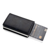 A black slim leather card holder with multiple cards visible inside.