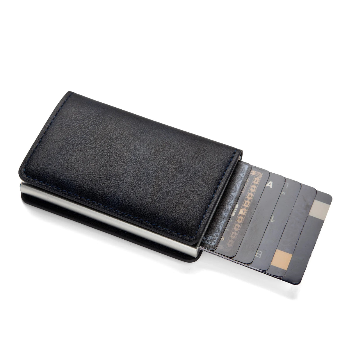 A black slim leather card holder with multiple cards visible inside.