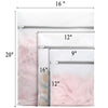 A set of three reusable mesh laundry bags with protective zippers shown side by side, measuring 16 inches in length.