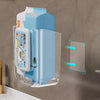 Hellblaue, punchfreie Wandtoilet-Papierdispenser an einer Badezimmerwand.