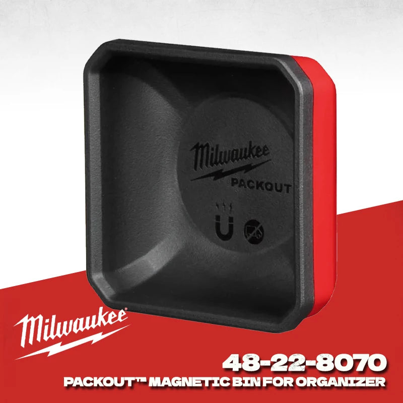 A black magnetic bin for organizer, labeled Milwaukee Packout, shown on a red background.