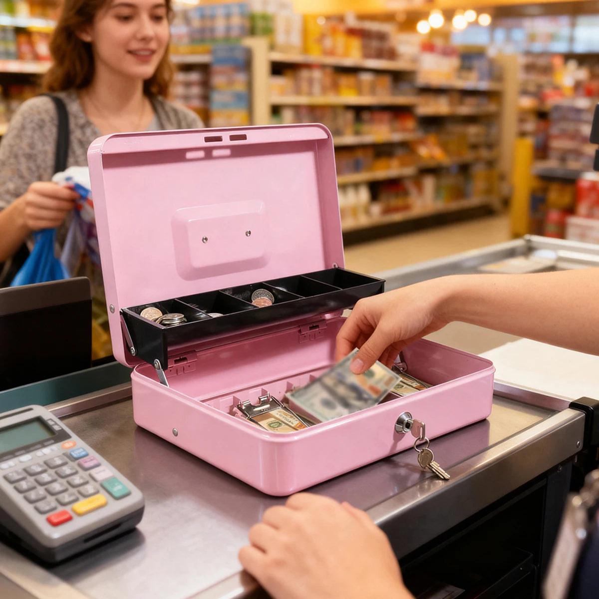 A hand opens a pink lockable cash box with a coin tray on a counter.
