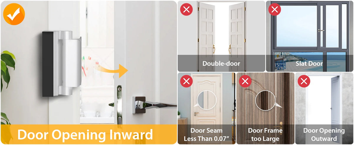 Diagram showing door opening inward, double-door, slat door, door seam, frame size, and door opening outward.
