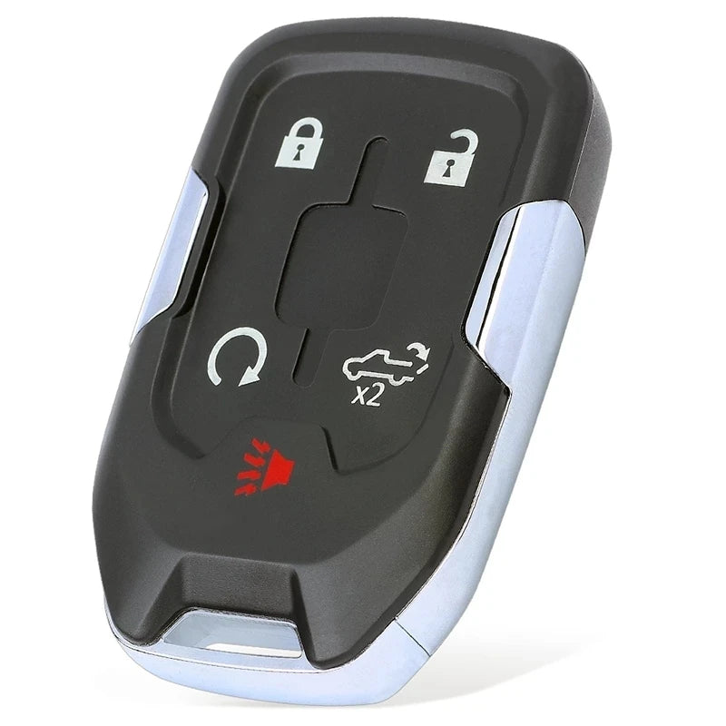 A black remote key fob with five buttons, including lock and unlock symbols, for a Chevrolet Silverado GMC Sierra 2019-2021 v