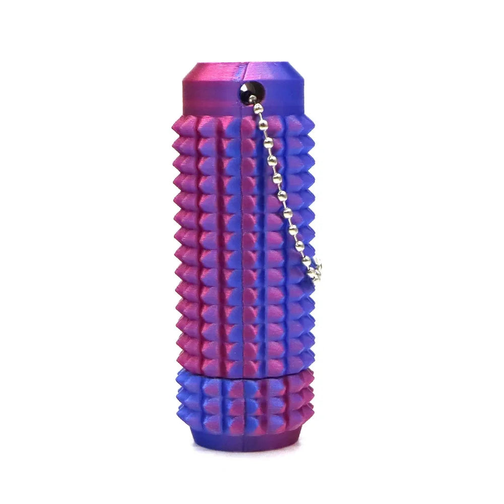 A purple spiky sensory fidget roller with a silver chain attached.