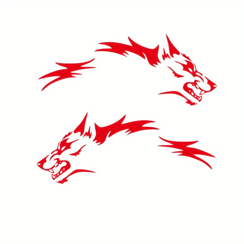 A pair of red wolf head decals with fierce expressions for scratch coverage.
