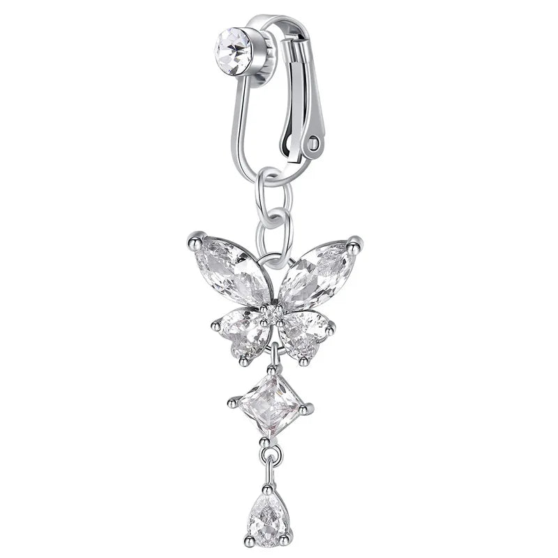 Anillo para ombligo con clip de mariposa plateado y detalle de zirconia rosa