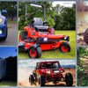 A collection of off-road vehicles, a utility trailer, and a motorcycle, showcasing 18W LED flood light pods.