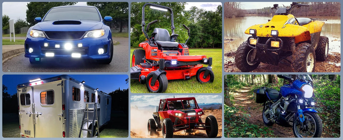 A collection of off-road vehicles, a utility trailer, and a motorcycle, showcasing 18W LED flood light pods.