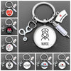 A collection of personalized nurse keychains featuring various designs including I Love Nursing, RN, and Nurse symbols.