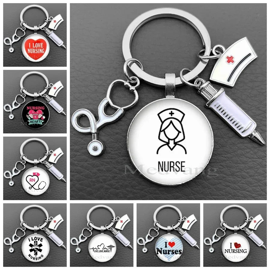 A collection of personalized nurse keychains featuring various designs including I Love Nursing, RN, and Nurse symbols.