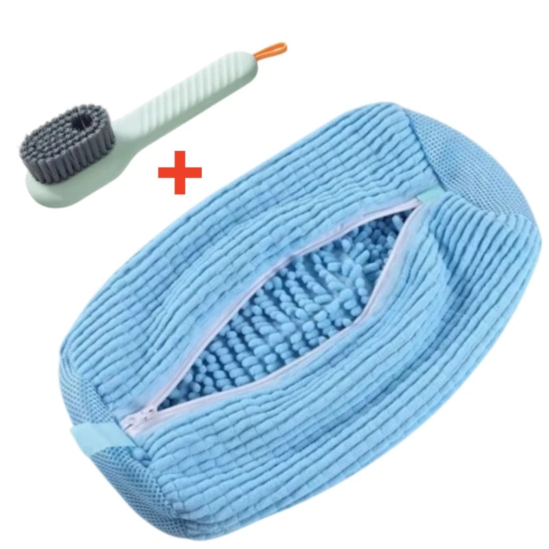 Light blue shoe washing machine bag with a soft bristled cleaning brush set