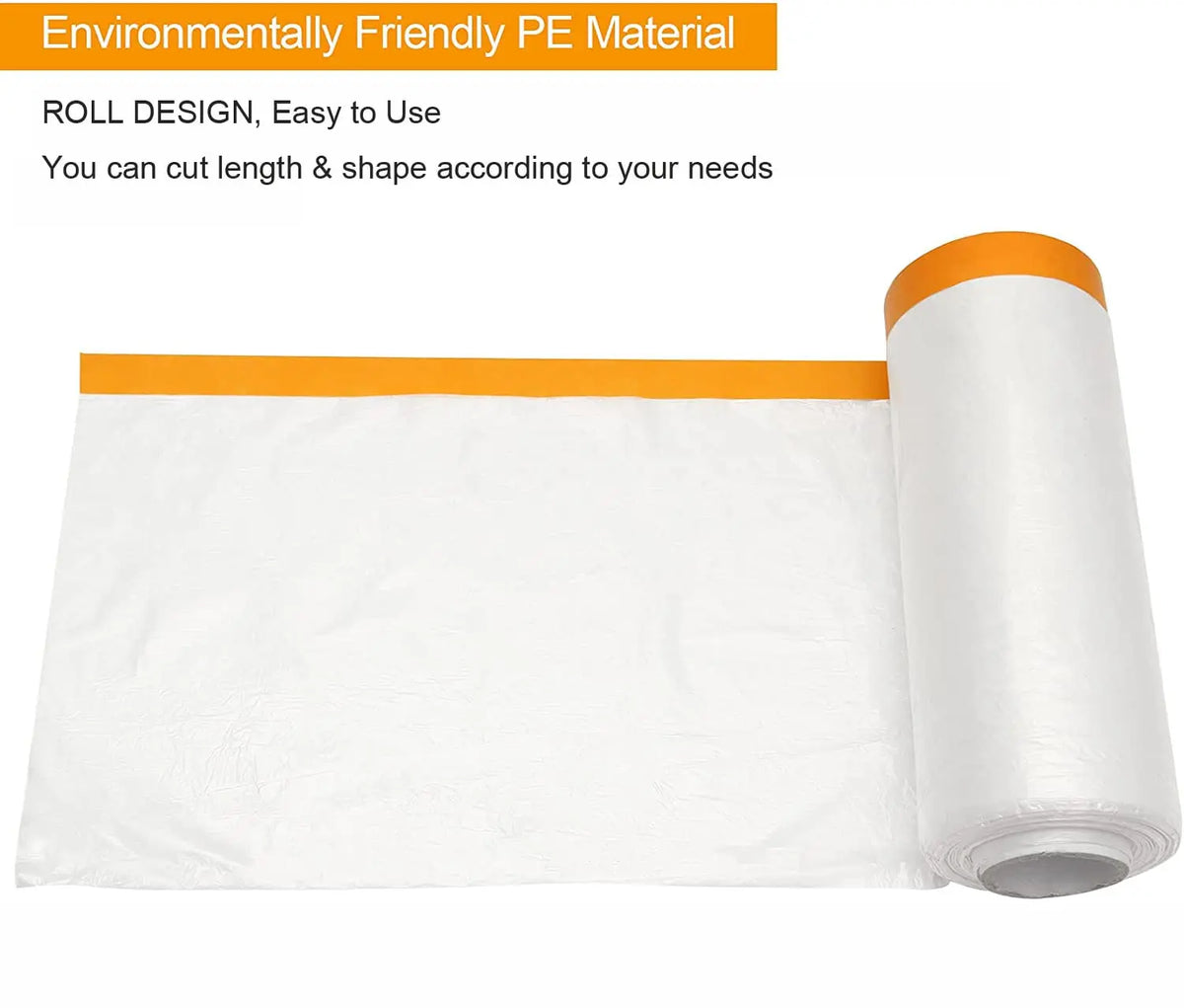 Roll of white plastic sheeting for painting and protection with an orange label.