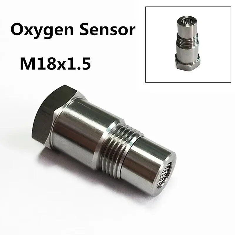 A silver metal oxygen sensor adapter with an M18x1.5 thread is shown in a close-up view.