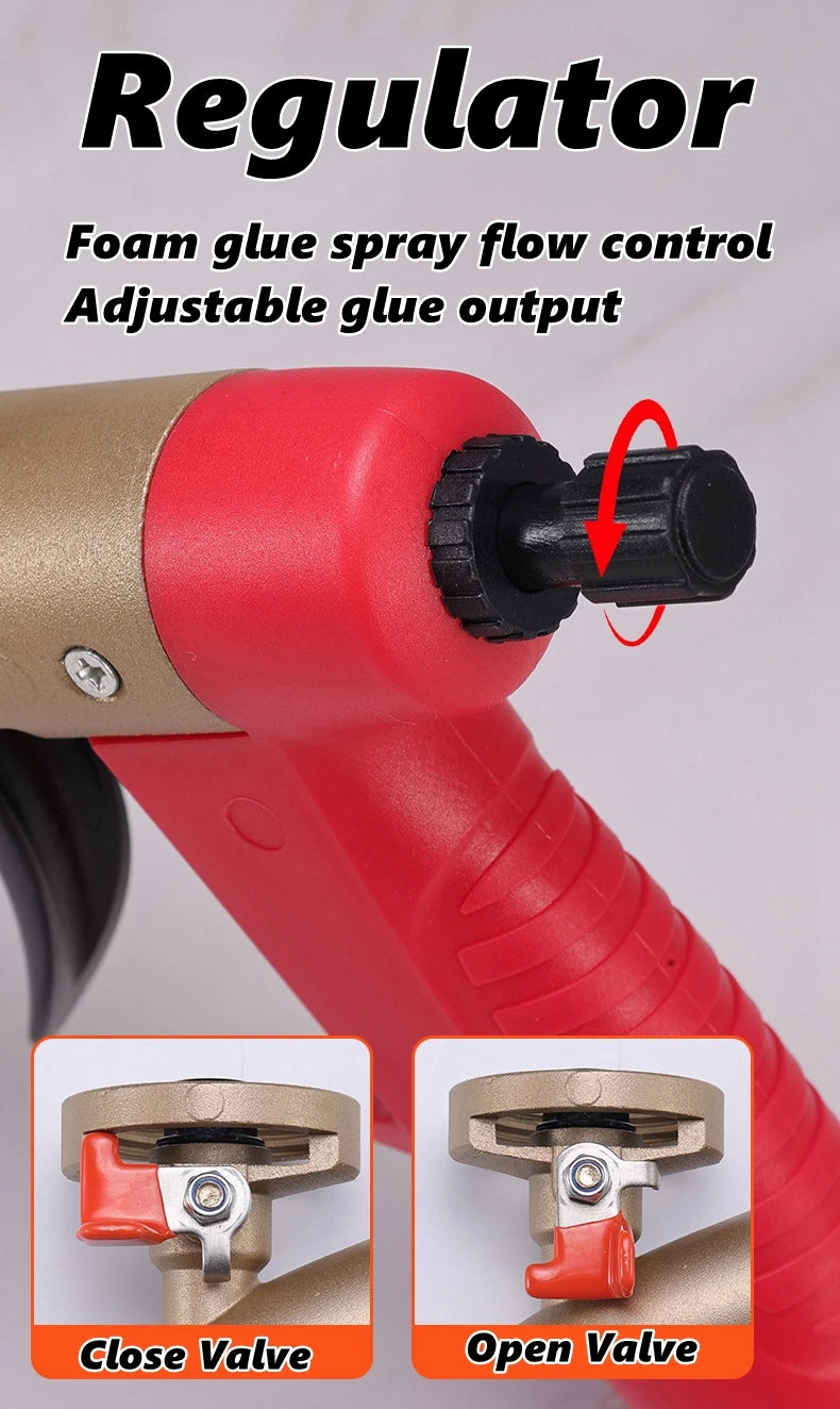 A red foam glue spray regulator with a flow control mechanism showing both closed and open valve positions.
