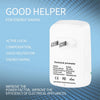 A white plug-in energy saver device with technical parameters labeled on the front.