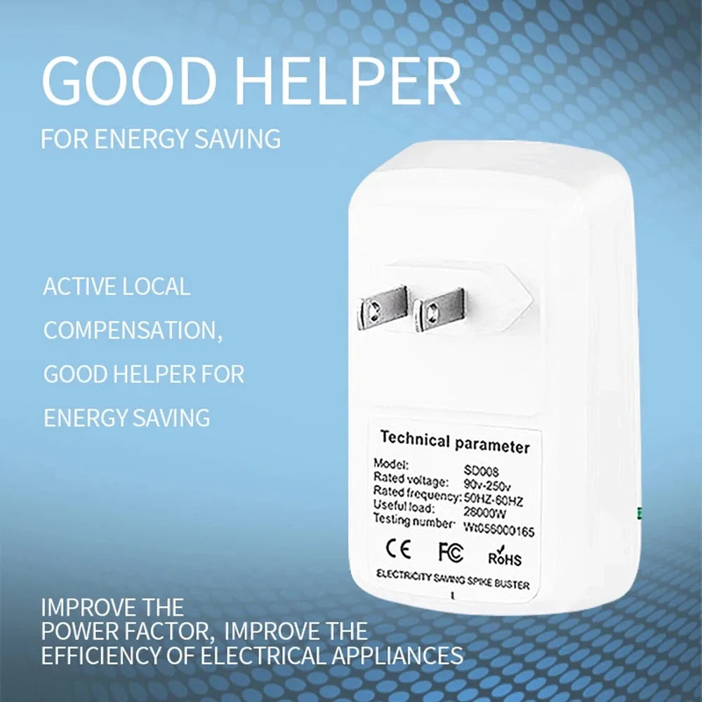 A white plug-in energy saver device with technical parameters labeled on the front.