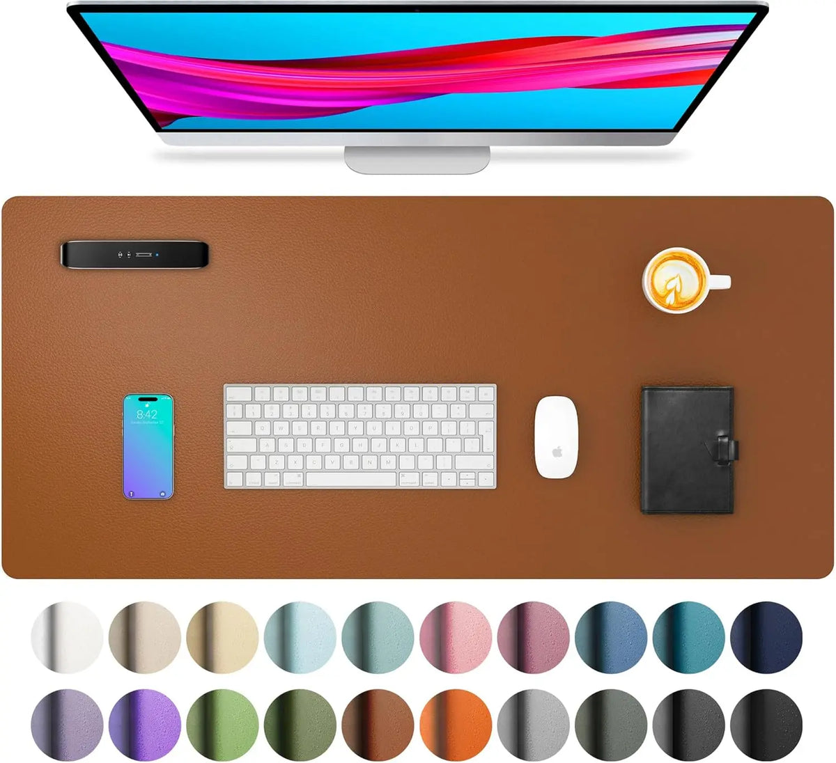 A desk pad featuring a laptop, keyboard, mouse, and a coffee cup on a brown leather surface with various color swatches below