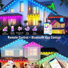 Innovative outdoor eaves lights featuring remote control and Bluetooth app control illuminating a house facade.