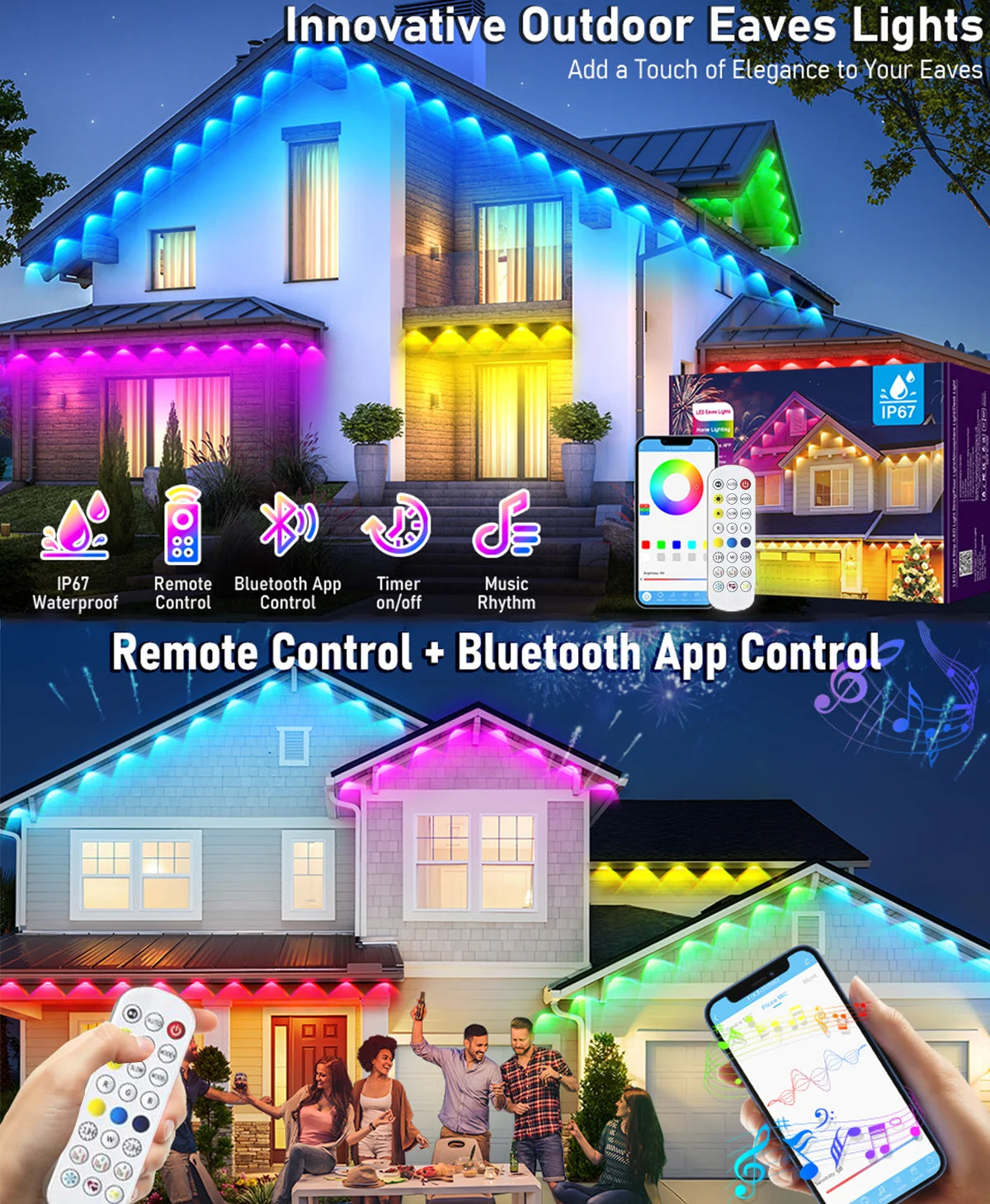 Innovative outdoor eaves lights featuring remote control and Bluetooth app control illuminating a house facade.