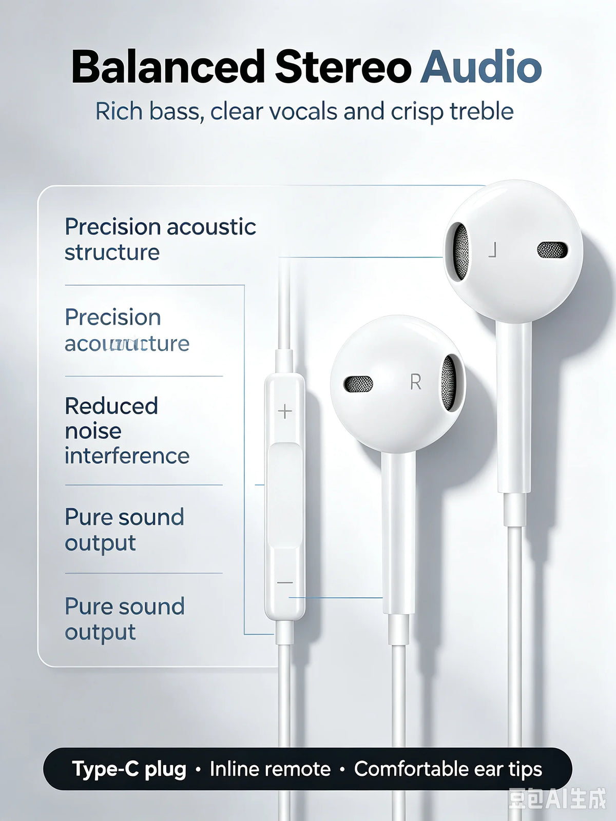 White in-ear headphones with a Type-C plug and inline remote shown next to a diagram of acoustic structure features