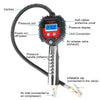 A digital tire pressure gauge featuring a pressure unit, display, power button, and an inflation gun for measuring tire press