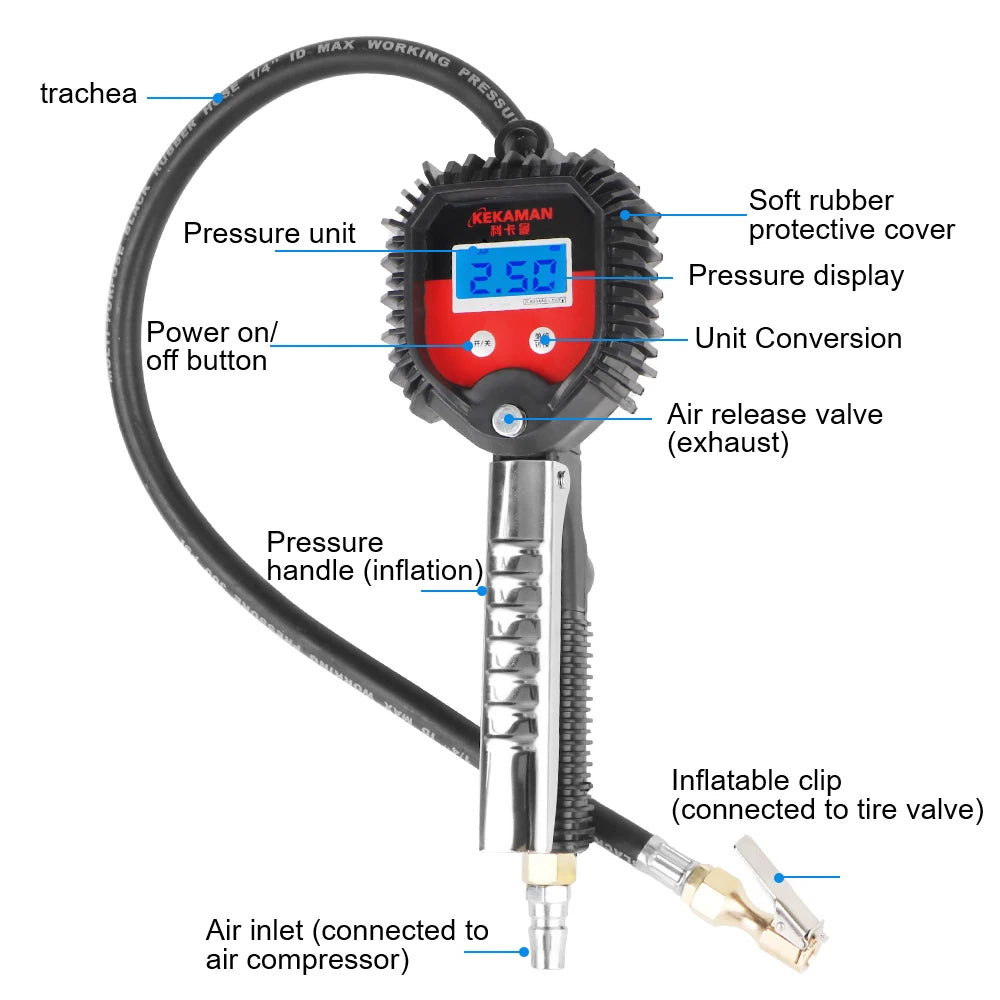 A digital tire pressure gauge featuring a pressure unit, display, power button, and an inflation gun for measuring tire press