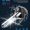 A close-up of an IP68 waterproof HID Xenon headlight bulb kit being tested against water droplets.