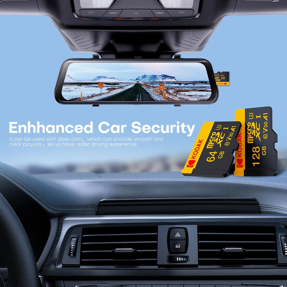 A display showing an enhanced car security camera mounted on a vehicle dashboard.