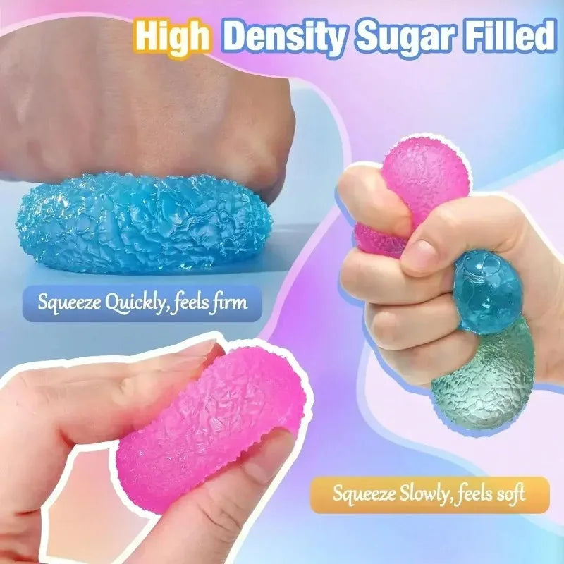 Hands squeezing a high density sugar filled stress ball showing different textures and squishiness
