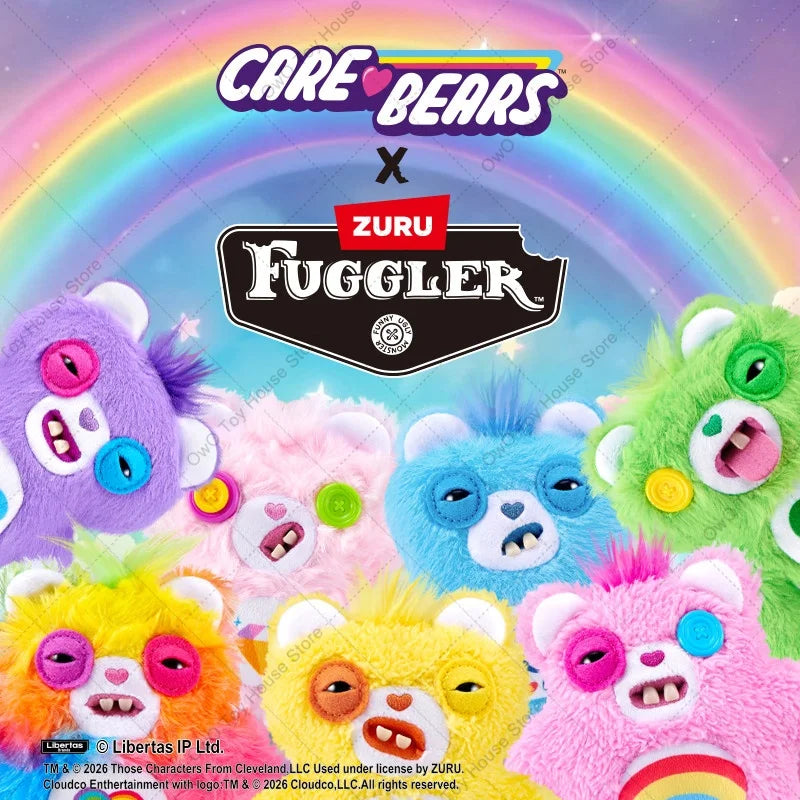 A collection of colorful Fuggler plush toys featuring various monster faces and textures.