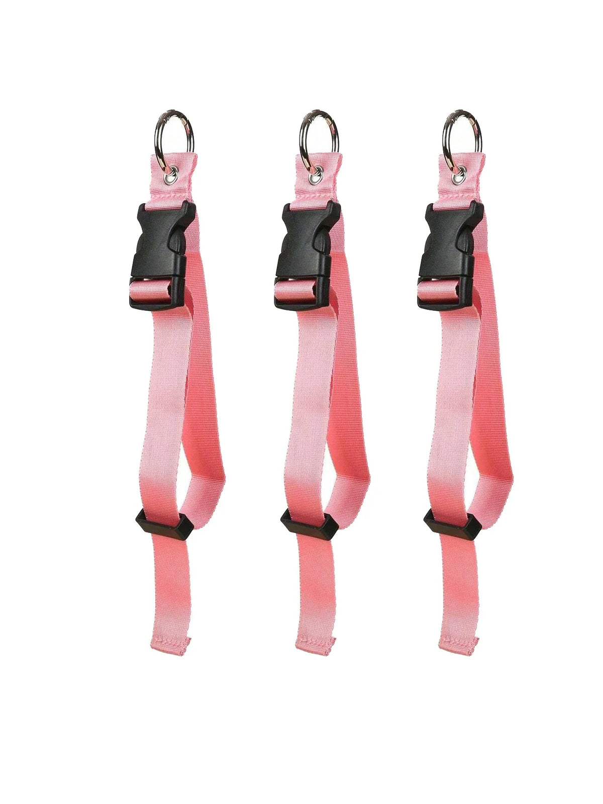 Three pink durable polyester luggage straps with black buckles and metal rings.