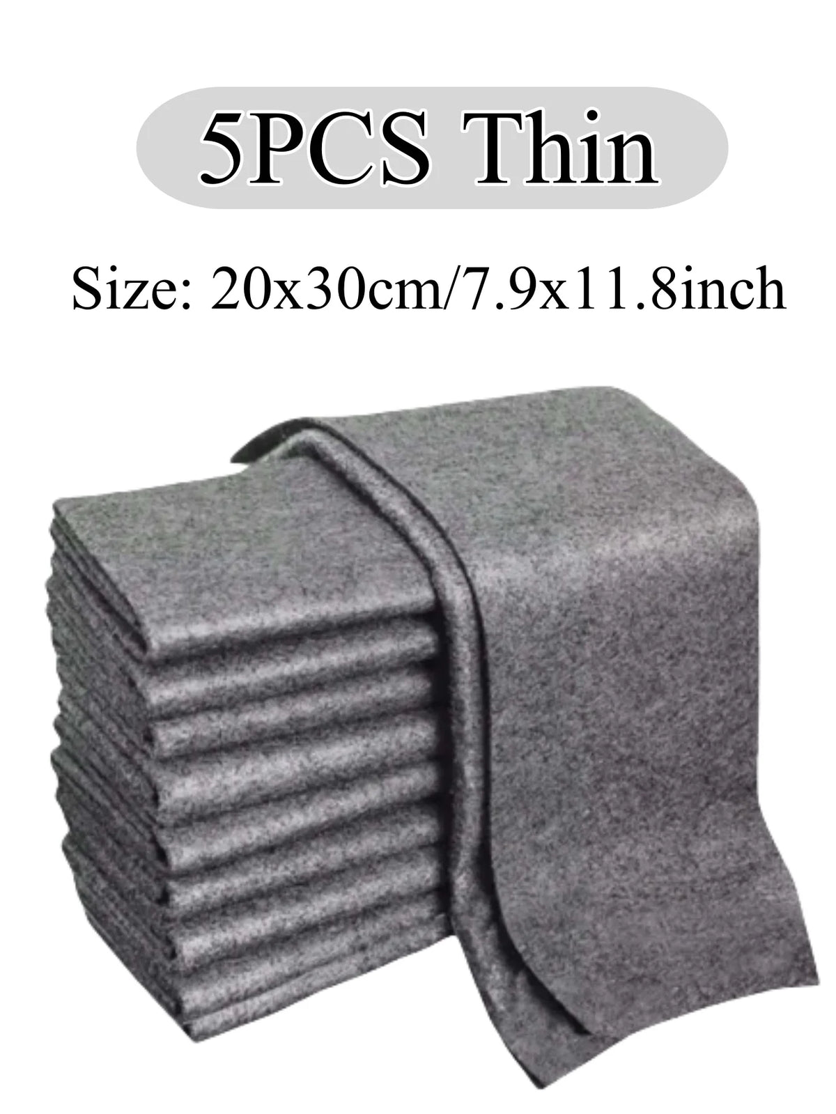 Five thin gray microfiber cleaning cloths stacked and folded.