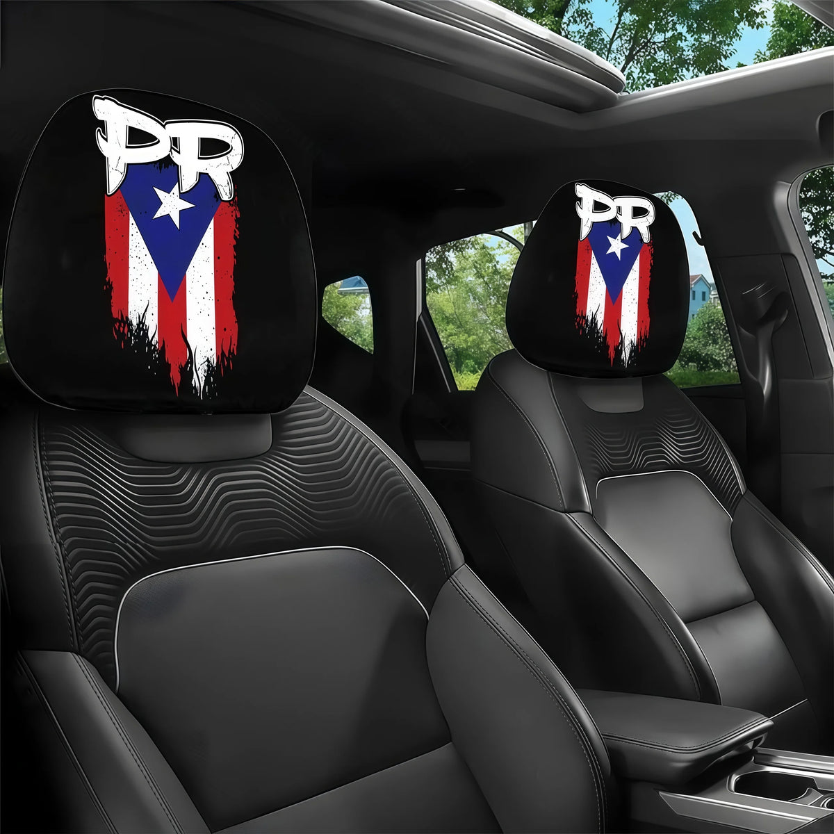 Two black car headrest covers featuring a patriotic design with the letters PR