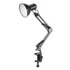 An adjustable swing arm desk lamp with a clamp mount, featuring a black finish and a white light shade.