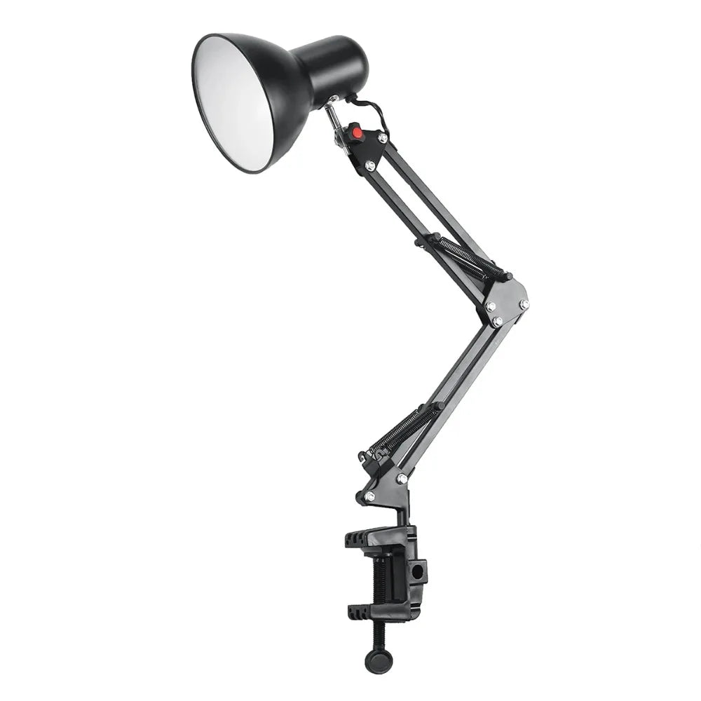 An adjustable swing arm desk lamp with a clamp mount, featuring a black finish and a white light shade.