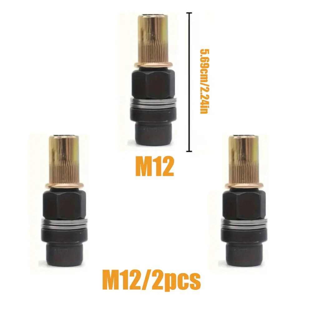 Set of M12 manual rivet nut tools with interchangeable heads, shown in black and gold.