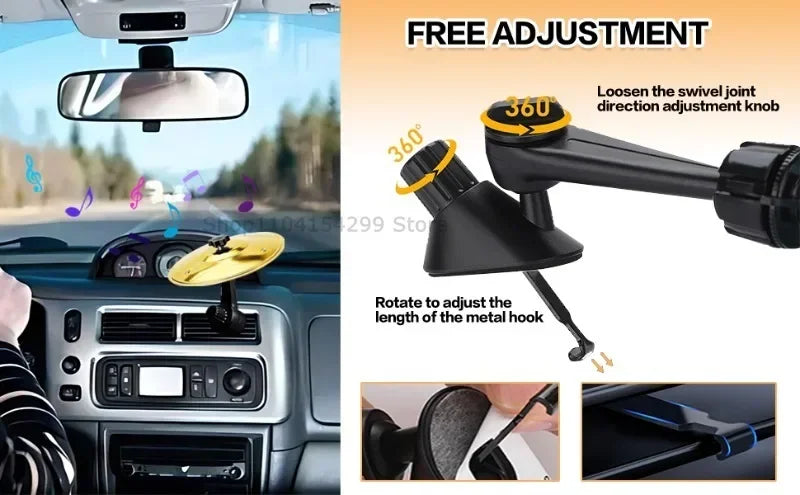 A black clip-on car vent cymbal or mini drum for on-the-go rhythm, shown with adjustment knobs.