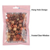 A pink ziplock bag containing a 50 pack of colorful, frosted items with a hang hole design and a frosted clear window.
