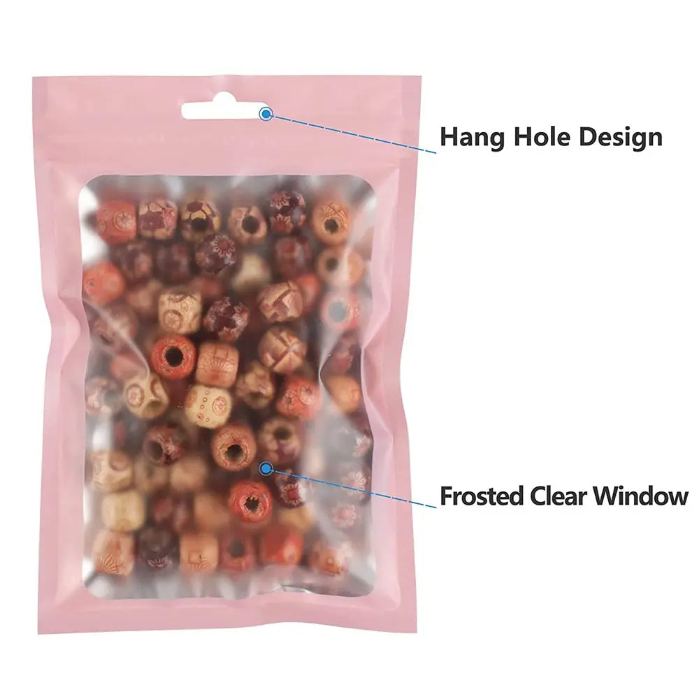 A pink ziplock bag containing a 50 pack of colorful, frosted items with a hang hole design and a frosted clear window.