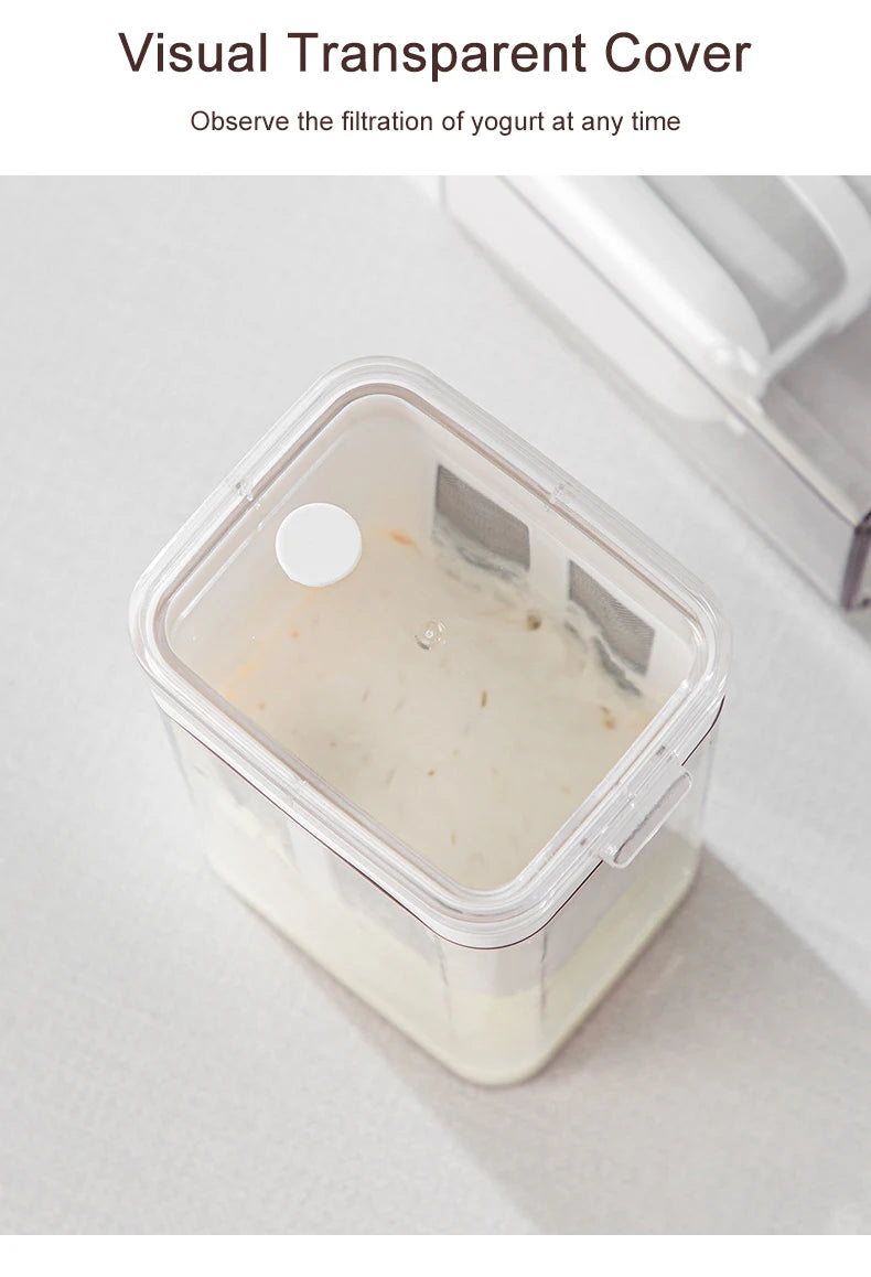 A clear plastic container showing yogurt filtration, demonstrating a visual transparent cover.