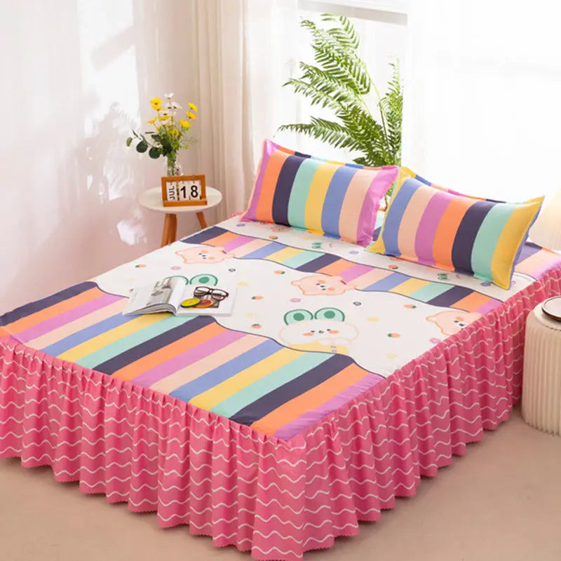Elegant Elastic Fitted Bed Sheet Set with Lace Skirt and Pillowcases